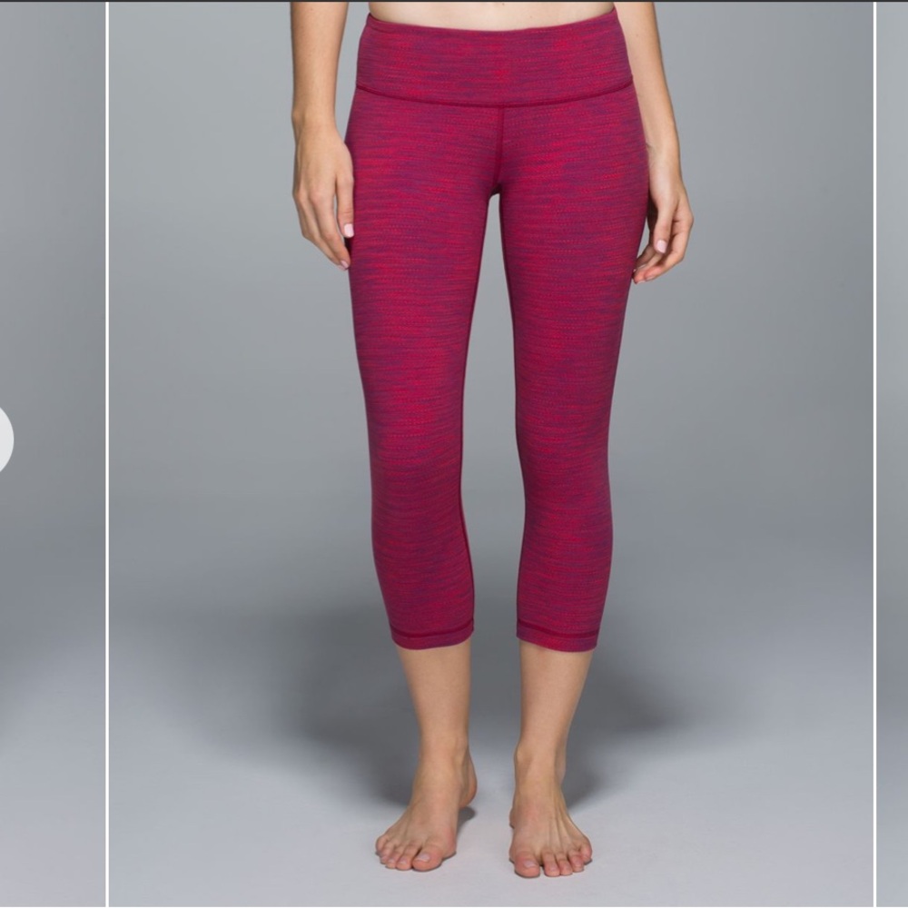 🌸448 Lululemon Wunder Under Crop II Bumble Berry Flaming Tomato Leggings Size 6